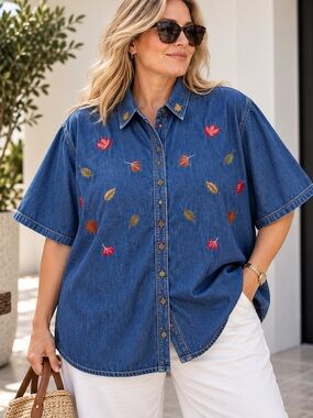 Vintage 90s Bobbie Brooks Embroidered Fall Leaves Denim Shirt Plus Size 22W/24W